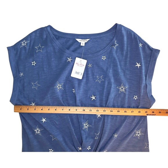 Lucky Brand Women's Short Sleeve Twist Front Top Stars Print Cotton Size L Blue - Picture 7 of 8